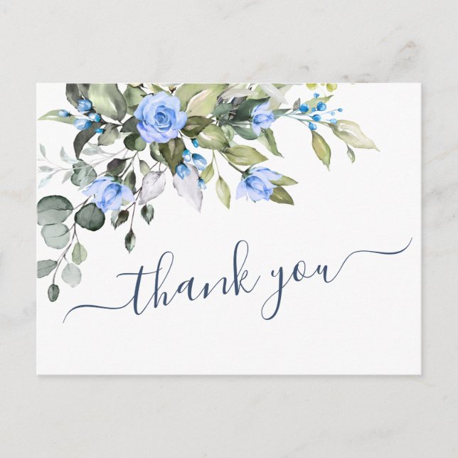 Postal Elegantes Eucalyptus Rosas Azules Floral Gracias (Anverso)