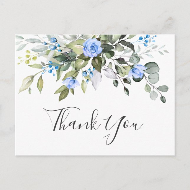 Postal Elegantes Eucalyptus Rosas Azules Floral Gracias (Anverso)