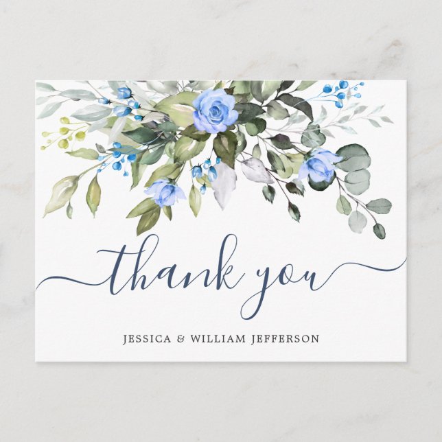 Postal Elegantes Eucalyptus Rosas Azules Floral Gracias (Anverso)