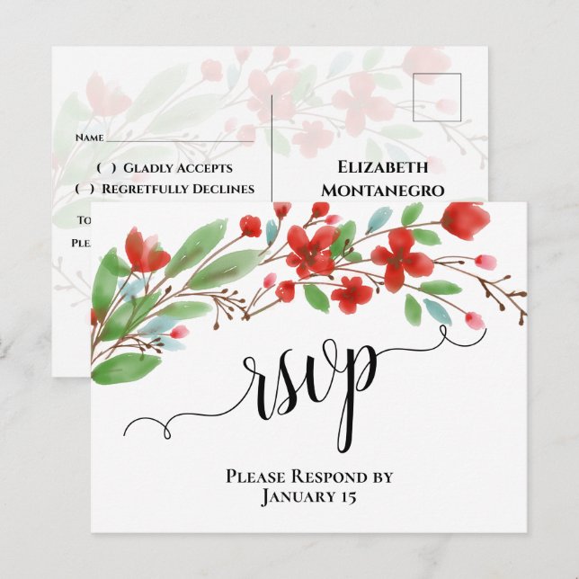 Postal Elegantes flores de acuarela roja para RSVP de bod (Anverso / Reverso)