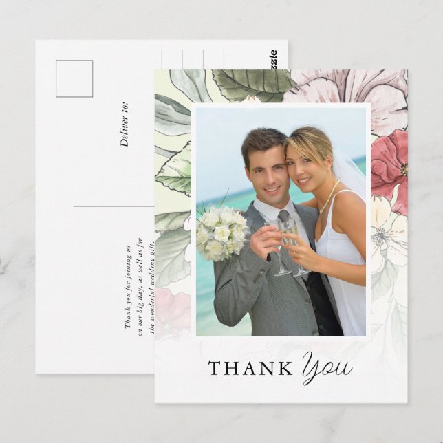 Postal Elegantes flores foto boda agradecimiento (Anverso / Reverso)
