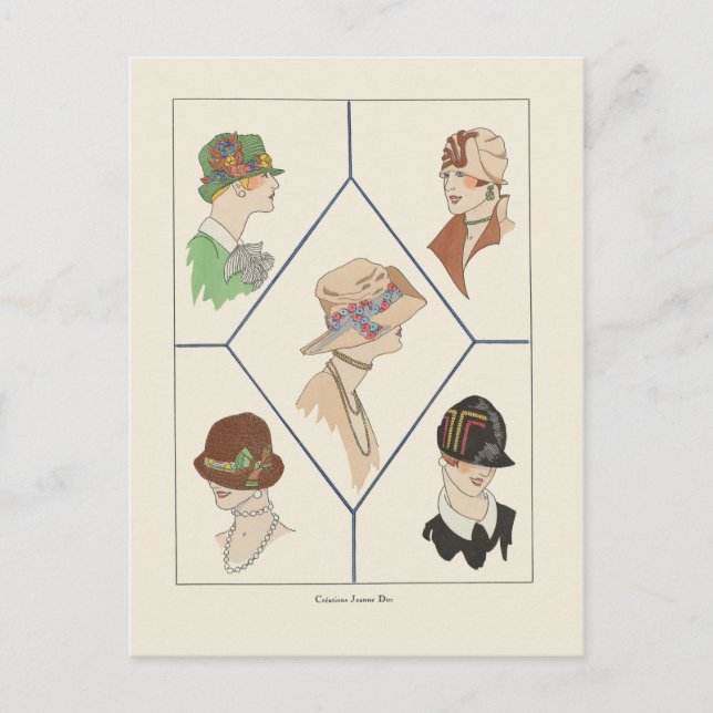 Postal Elegantes Gorras de mujeres Ilustracion francés Ar (Anverso)