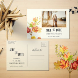 Postal Elegantes hojas de otoño foto blanco salva la fech