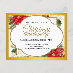 Postal Elegantes Navidades Cena Fiesta Oro y Poinsettia