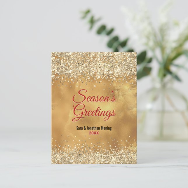 Postal Elegantes Navidades de arte de mármol dorado rojo  (Anverso de pie)