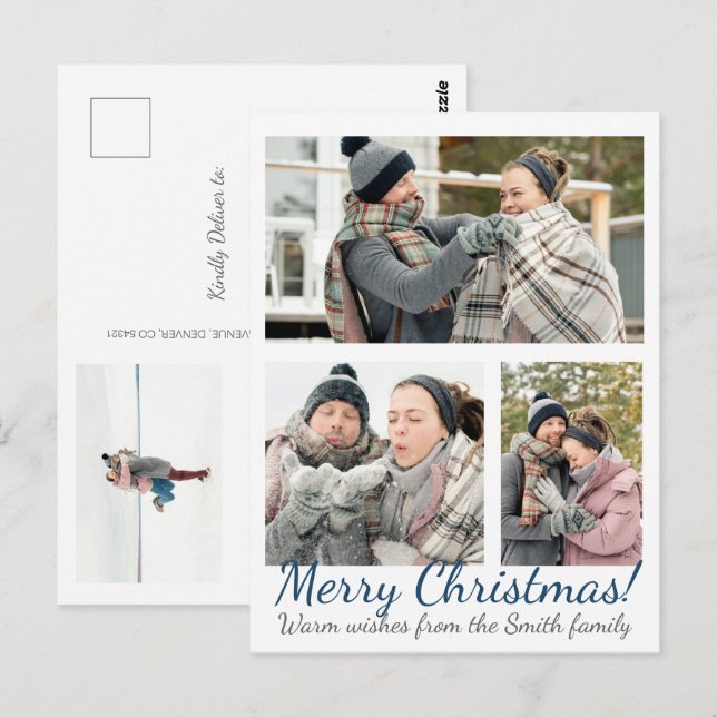 Postal Elegantes Navidades de vacaciones de Blue 3 Photo  (Anverso / Reverso)