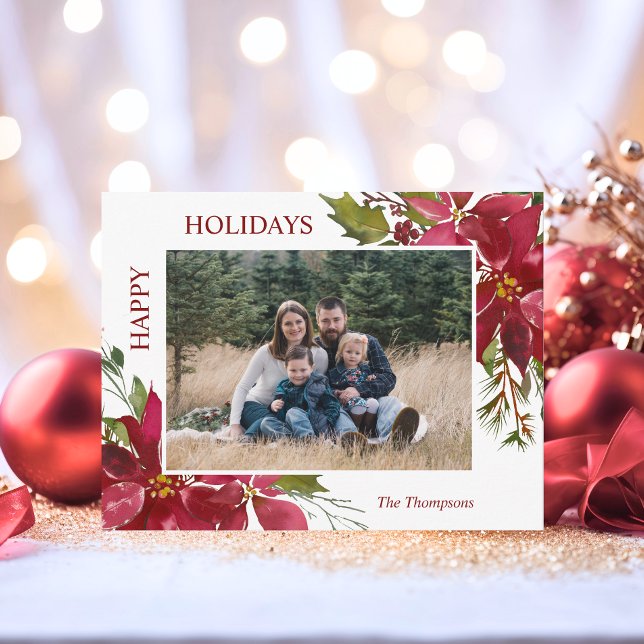 Postal Elegantes Navidades Flores Felices Fiestas (Elegant Christmas Flowers Happy Holidays Family Postcard)