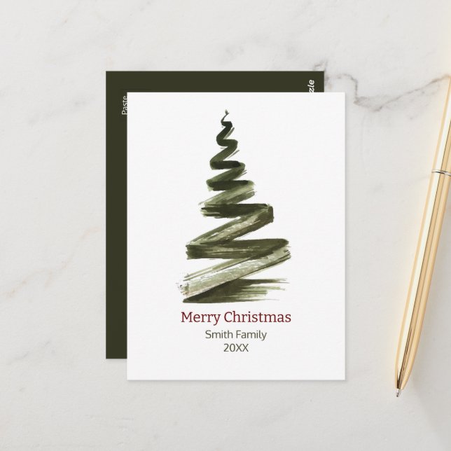 Postal Elegantes Navidades Green Tree Watercolor (Anverso/Reverso In Situ)
