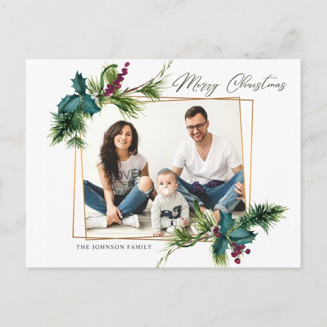 Postal Elegantes Navidades Holly Pine Frame Photo Greet (Anverso)