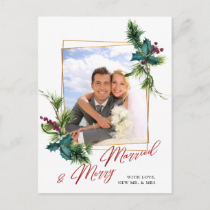 Postal Elegantes Navidades Holly Pine Frame Photo Greet