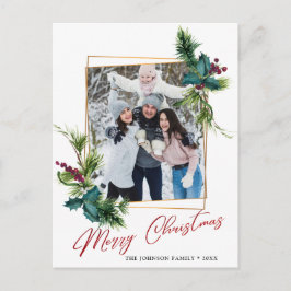 Postal Elegantes Navidades Holly Pine Frame Photo Greet