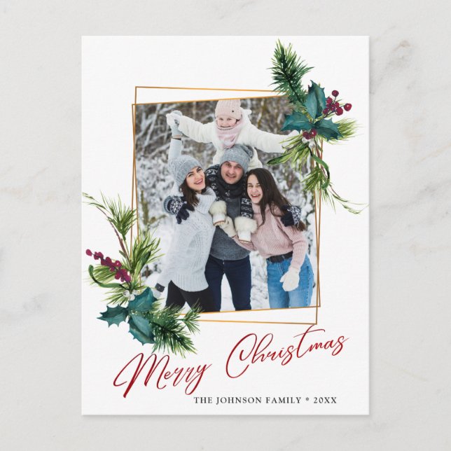 Postal Elegantes Navidades Holly Pine Frame Photo Greet (Anverso)