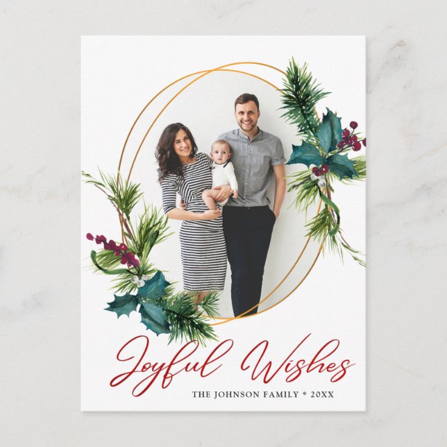 Postal Elegantes Navidades Joyful Wings Holly Pine Photo (Anverso)