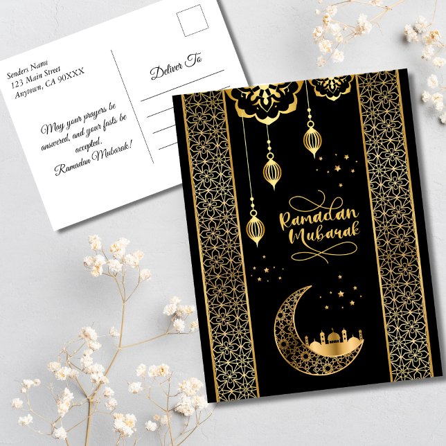 Postal Elegantes Patrones Islámicos Oro Ramadan Mubarak (Elegant Gold and Black Islamic Patterns Ramadan Mubarak Postcard)