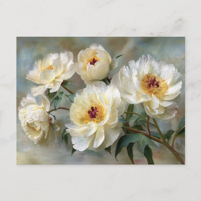 Postal Elegantes peonías blancas en flor (Anverso)