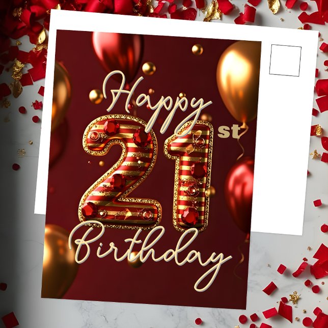 Postal Elegantes Rayas Doradas y Rojas Cumpleaños 21 (Subido por el creador)