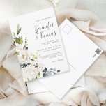Postal Elegantes rosas blancas y Bodas de hidrangeas<br><div class="desc">Con un popular esquema de color neutro, este diseño de invitación a la boda es convenientemente provisto en una postal para correo económico. El diseño de la tarjeta magnética incluye un ramo en cascada de flores de color blanco acuático con vegetación. Las flores incluyen rosas, hortensias y flores mixtas a...</div>