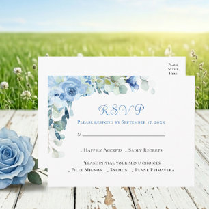 Postal Elegantes Rosas de Acuarela Azul Floral para RSVP 
