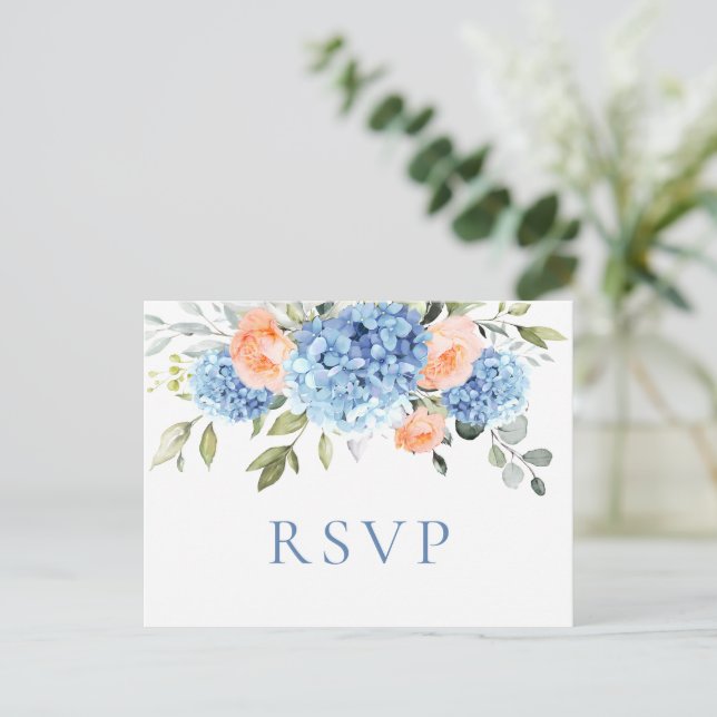 Postal Elegantes rosas de hydrangea azul de boda RSVP (Anverso de pie)