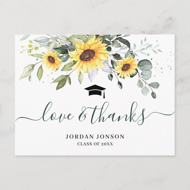 Postal Elegantes Sunflowers Eucalyptus Graduación Gracias (Anverso)