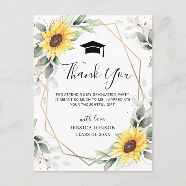 Postal Elegantes Sunflowers Eucalyptus Graduación Gracias (Anverso)