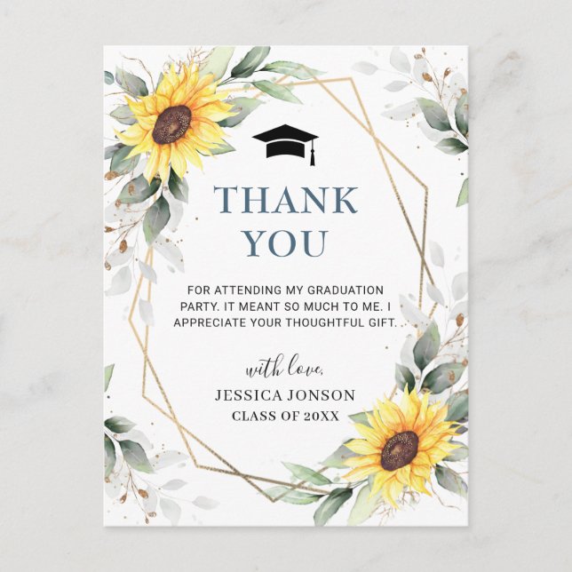 Postal Elegantes Sunflowers Eucalyptus Graduación Gracias (Anverso)
