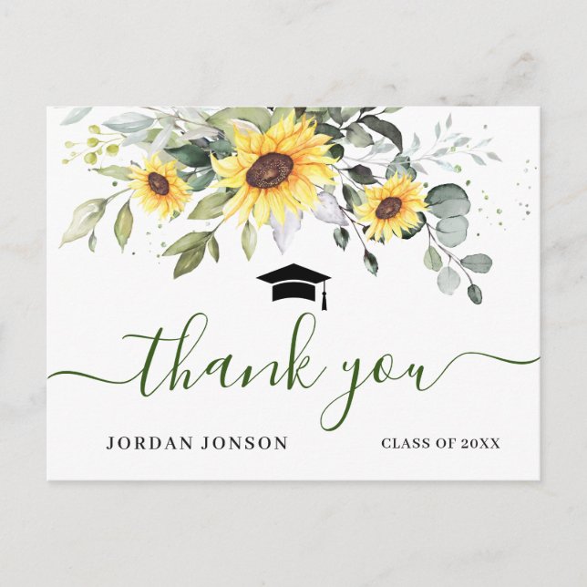 Postal Elegantes Sunflowers Eucalyptus Graduación Gracias (Anverso)
