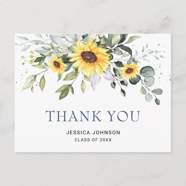 Postal Elegantes Sunflowers Eucalyptus Graduación Gracias (Anverso)