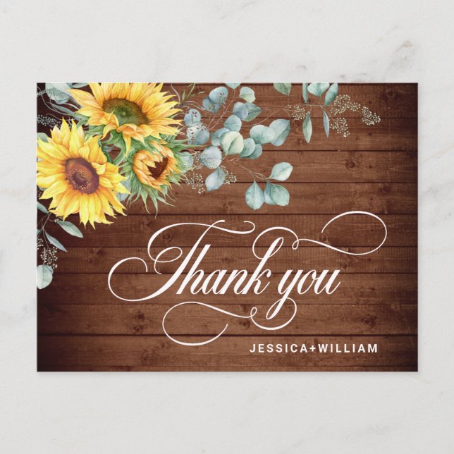 Postal Elegantes Sunflowers Eucalyptus Rustic Gracias (Anverso)