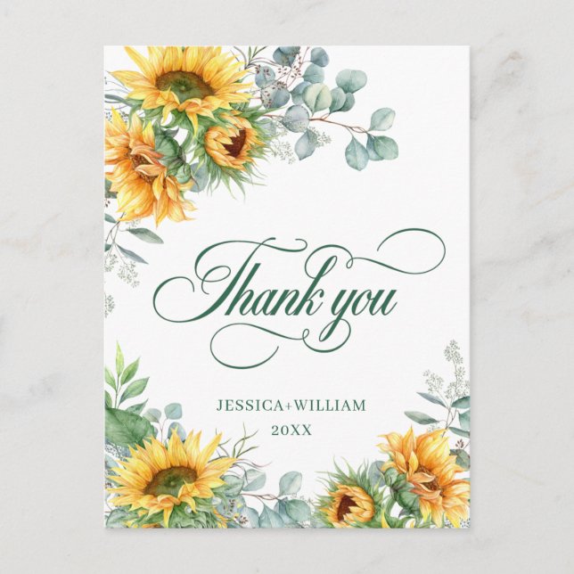 Postal Elegantes Sunflowers Eucalyptus Rustic Gracias (Anverso)