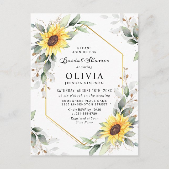 Postal Elegantes Sunflowers Golden Greenery Bridal Shower (Anverso)