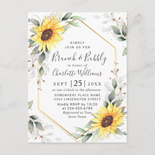 Postal Elegantes Sunflowers Golden Greenery Brunch & Bubb (Anverso)