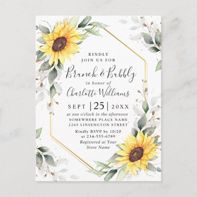 Postal Elegantes Sunflowers Golden Greenery Brunch & Bubb (Anverso)