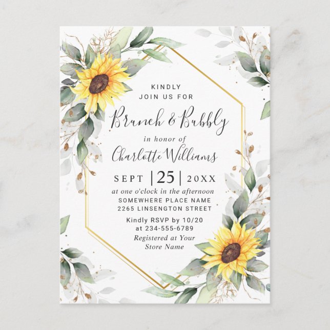 Postal Elegantes Sunflowers Golden Greenery Brunch & Bubb (Anverso)