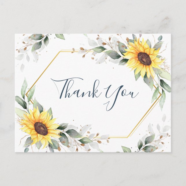 Postal Elegantes Sunflowers Greenery Floral Gracias (Anverso)