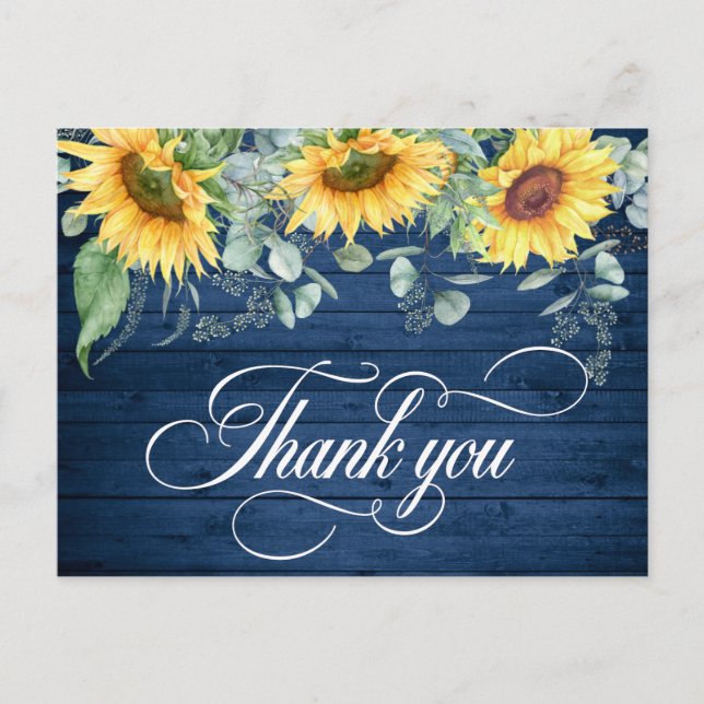 Postal Elegantes Sunflowers Rustic Wood Boda Gracias (Anverso)