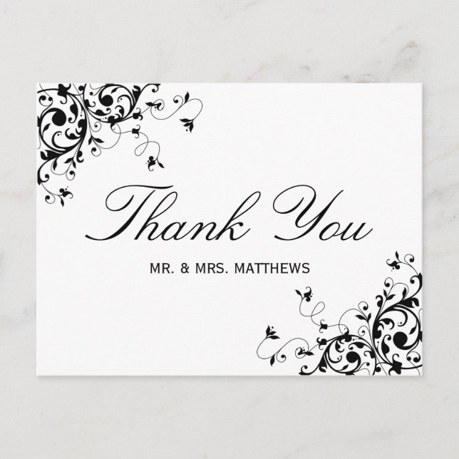 Postal Elegantes Swirls Boda Blanco y Negro Gracias (Anverso)