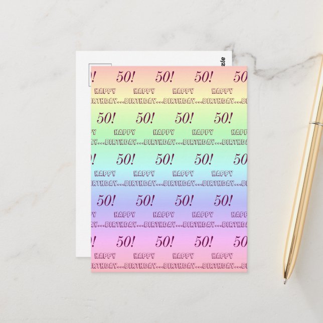 Postal Elegantes y personalizadas rayas arcoiris 50 cumpl (Anverso/Reverso In Situ)