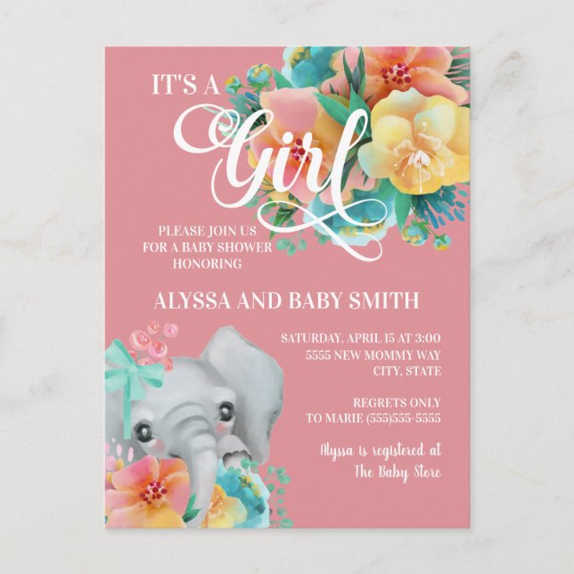 Postal Elephant Baby Girl Baby Shower Rosa Yellow Verde a (Anverso)