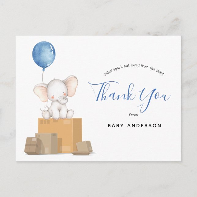 Postal Elephant Blue Baby Shower por correo Gracias (Anverso)