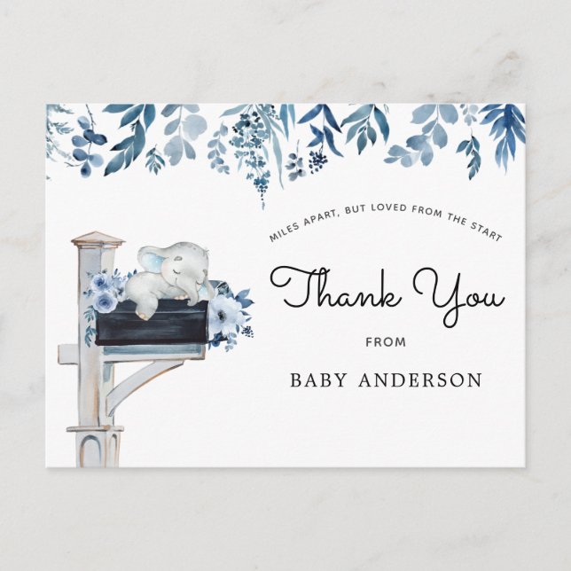 Postal Elephant Blue Floral Baby Shower por correo Gracia (Anverso)