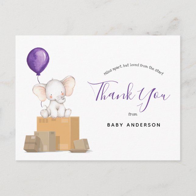 Postal Elephant Purple Baby Shower por correo gracias (Anverso)
