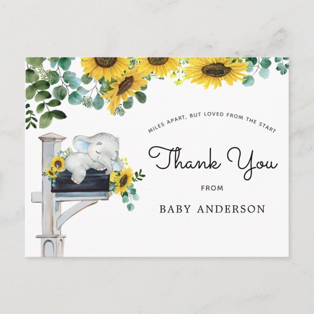 Postal Elephant Sunflower Baby Shower por correo gracias (Anverso)