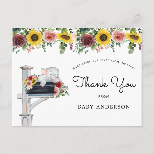Postal Elephant Sunflower Baby Shower por correo gracias (Anverso)