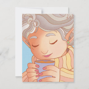 Postal Elf disfrutando de una taza de café