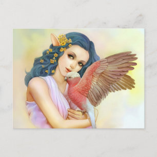 Postal Elfo de cabello azul y su galah