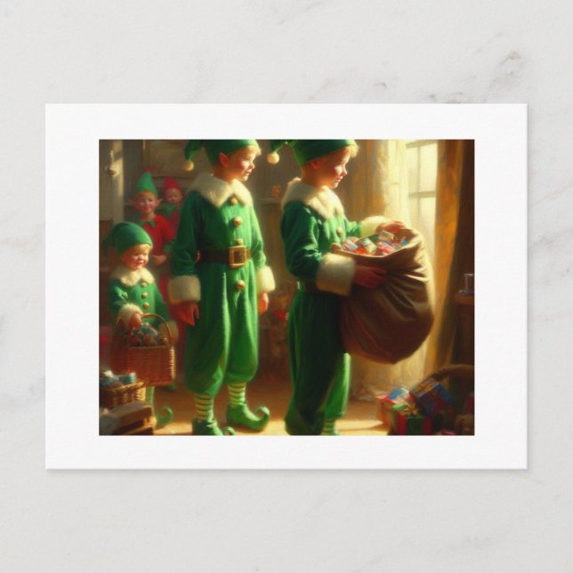 Postal Elfos con regalos, (Anverso)