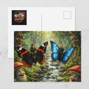 Postal Elfos jinetes de mariposas, fantasía de bosque enc