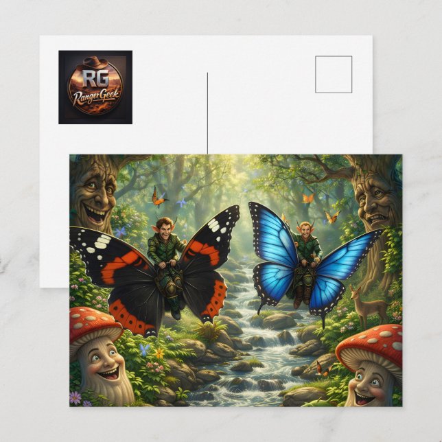 Postal Elfos jinetes de mariposas, fantasía de bosque enc (Anverso / Reverso)