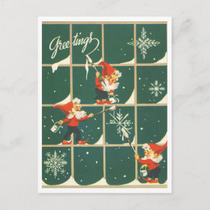 Postal Elfos Navidad Decoración de Ventana Retro